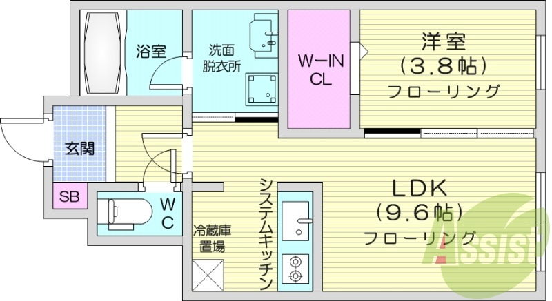 1LDK、都市ガス、エアコン、システムキッチン