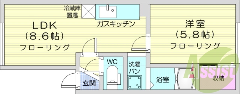 1LDK、灯油FF暖房、室内洗濯機置場、収納