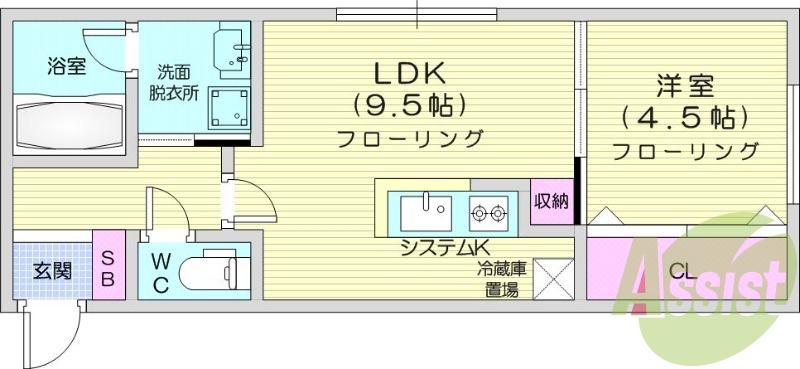 1LDK、都市ガス、エアコン、システムキッチン