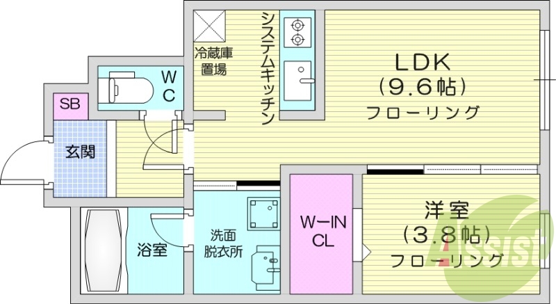 1LDK、都市ガス、エアコン、システムキッチン