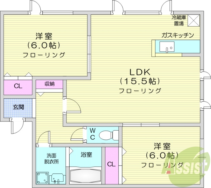 2LDK、エアコン、灯油暖房、モニターホン、独立洗面台