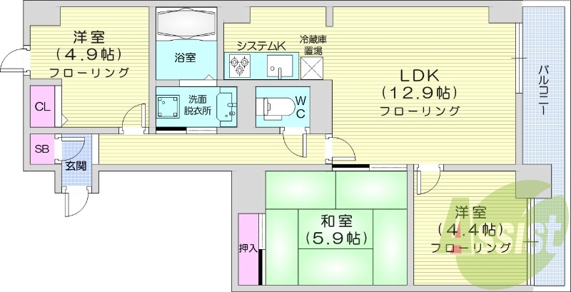 3LDK、オートロック、システムキッチン、追い焚き