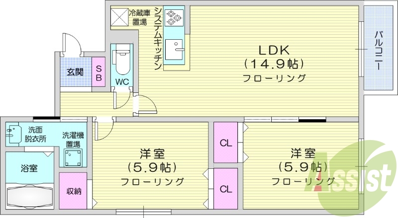 2LDK、システムキッチン、エアコン、ネット使用料不要