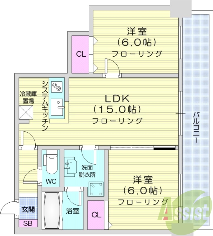 2LDK、ガスリミット、エアコン、システムキッチン