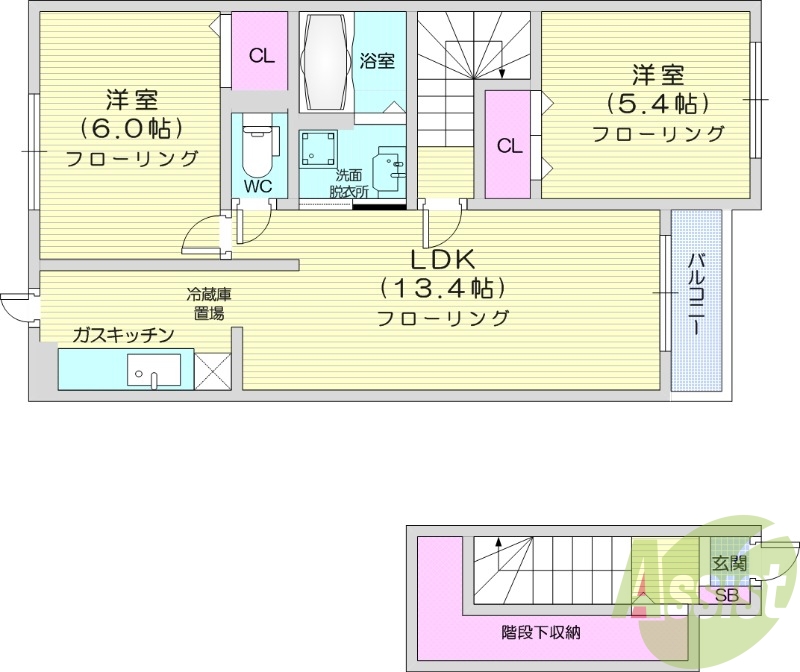 2LDK、バルコニー、浴室乾燥機、追い焚き