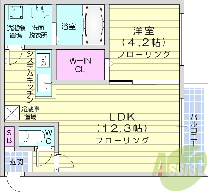 1LDK、都市ガス、システムキッチン、シューズボックス
