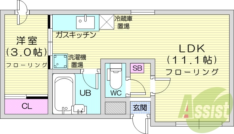 1LDK、灯油暖房、光ファイバー、バストイレ別