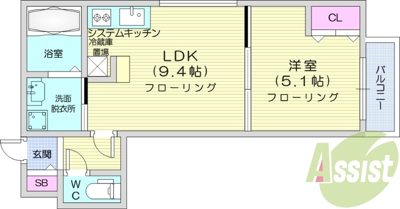1LDK、エアコン、都市ガス、システムキッチン、