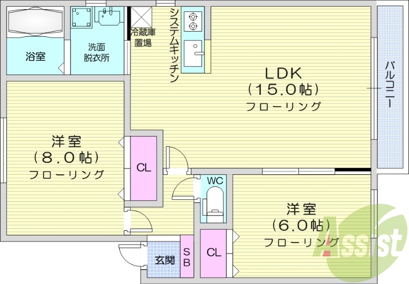 2LDK、エアコン、灯油暖房、独立洗面台