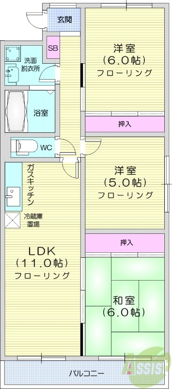 3ＬＤＫ、エアコン、都市ガス、バストイレ別