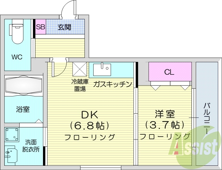 1DK、エレベータ、オートロック、エアコン、浴室乾燥機