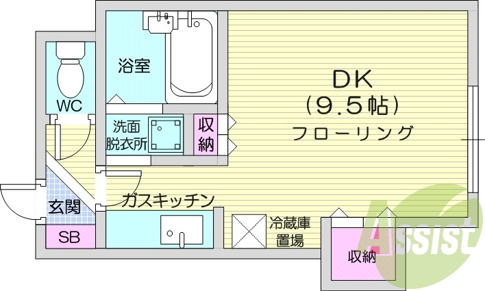 1K、ネット無料、バス・トイレ別、ガス暖房