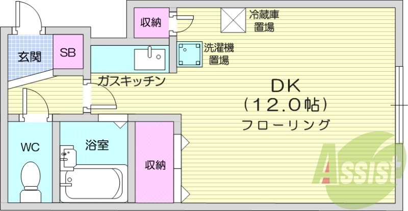 1K、ネット無料、バス・トイレ別、ガス暖房