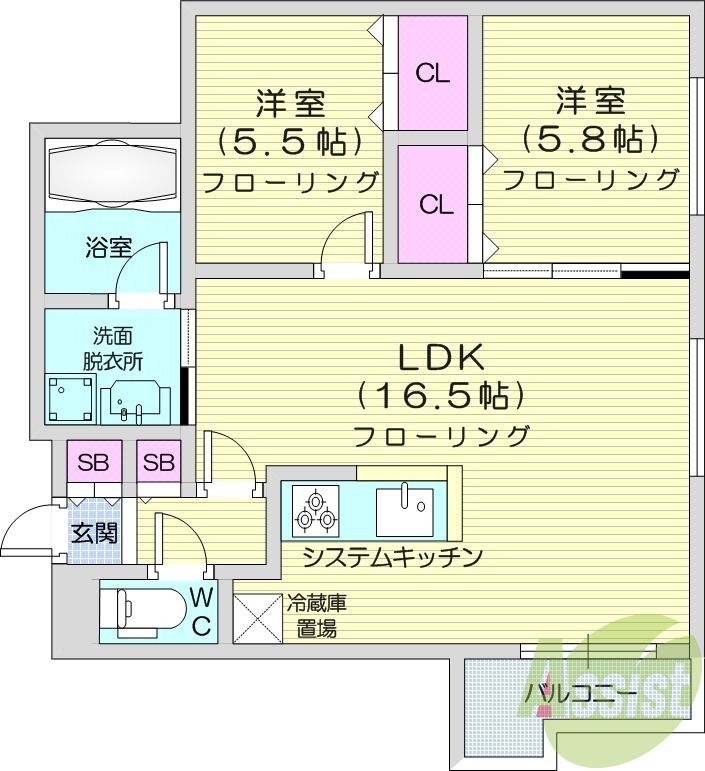 2LDK、システムキッチン、エアコン、ネット無料