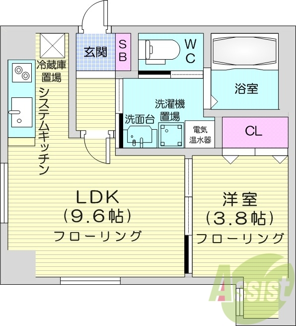 1LDK、オール電化、IHシステムキッチン、クローゼット