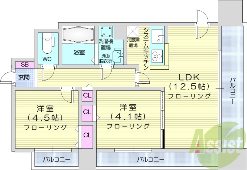 2LDK、システムキッチン、ウォシュレット