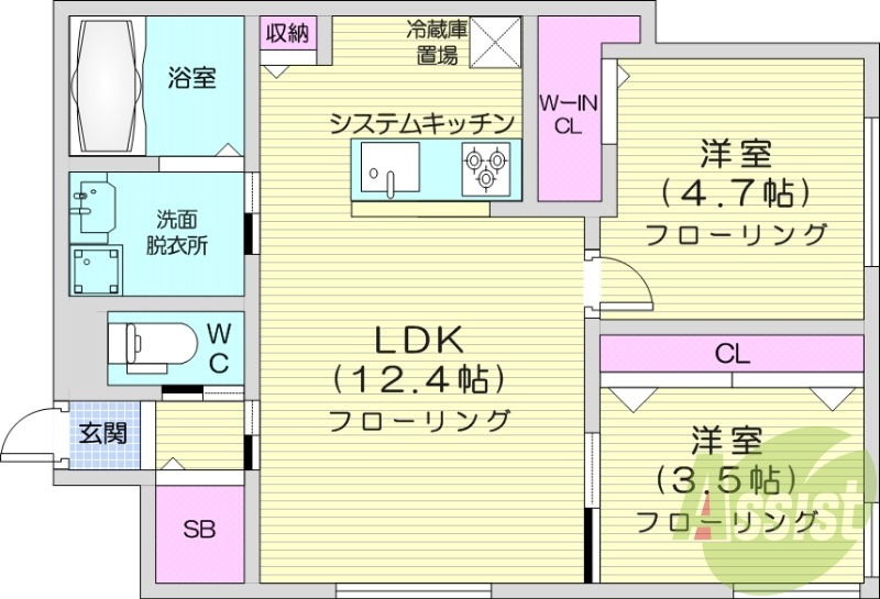 2LDK、エアコン、都市ガス、システムキッチン