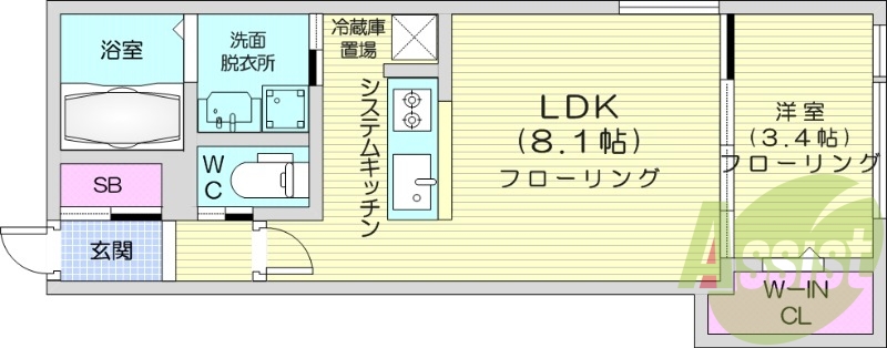 1LDK、エアコン、都市ガス、システムキッチン