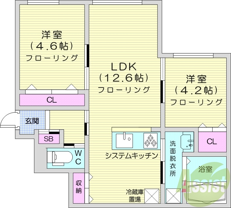 2LDK、エアコン、都市ガス、システムキッチン