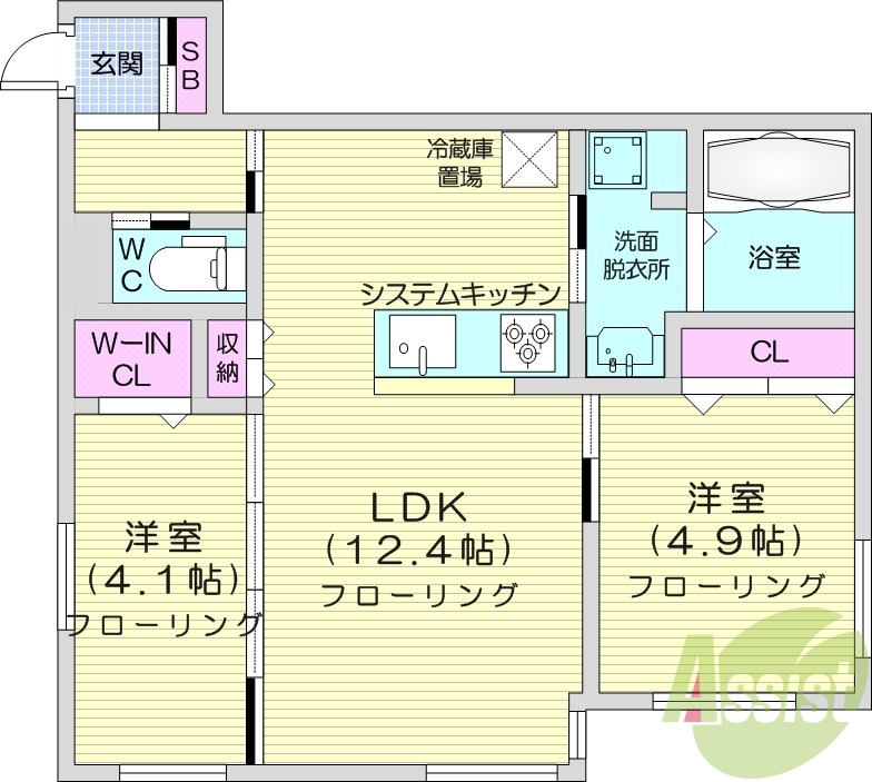 2LDK、エアコン、都市ガス、システムキッチン