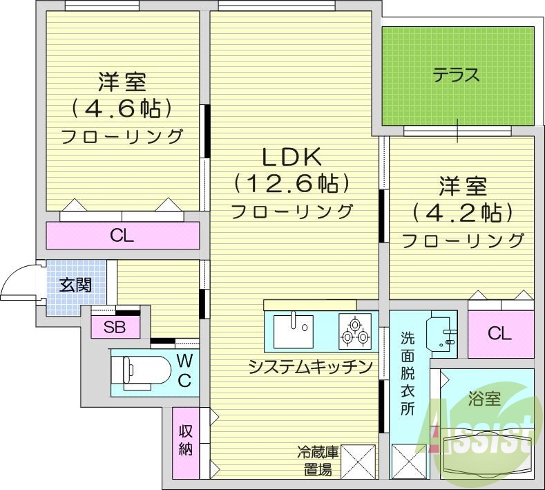 2LDK、エアコン、都市ガス、システムキッチン
