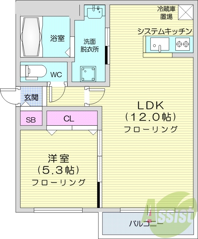 1LDK、エアコン、都市ガス、システムキッチン