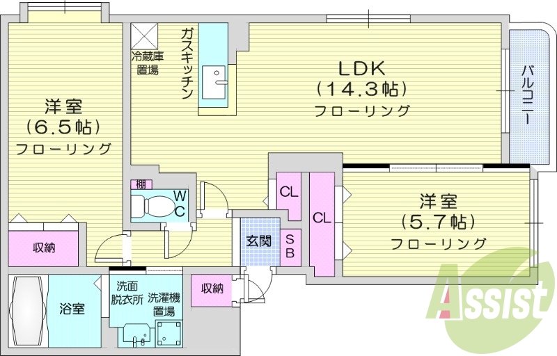 2LDK、角部屋、トランクルーム、バルコニー