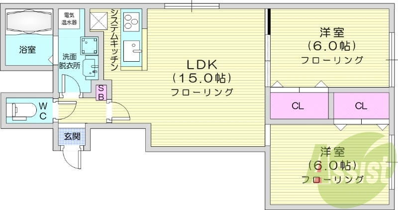 2LDK、システムキッチン、独立洗面台、暖房