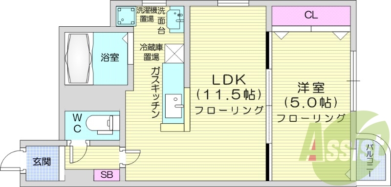 1LDK、クローゼット、バストイレ別、シューズボックス