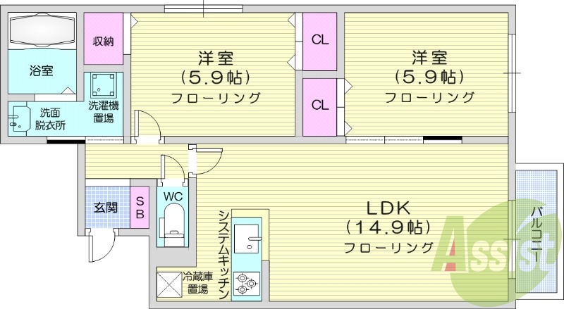 2LDK、システムキッチン、エアコン、ネット使用料不要