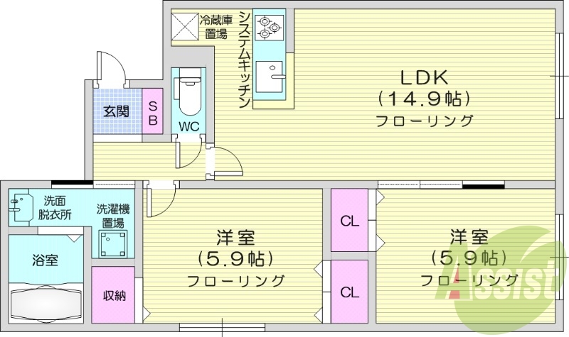 2LDK、システムキッチン、エアコン、ネット使用料不要