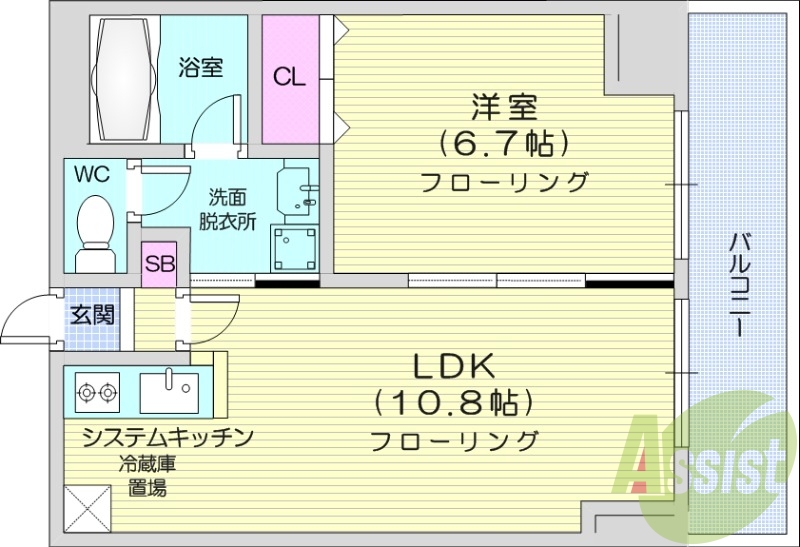 1LDK、エアコン、システムキッチン、シューズボックス