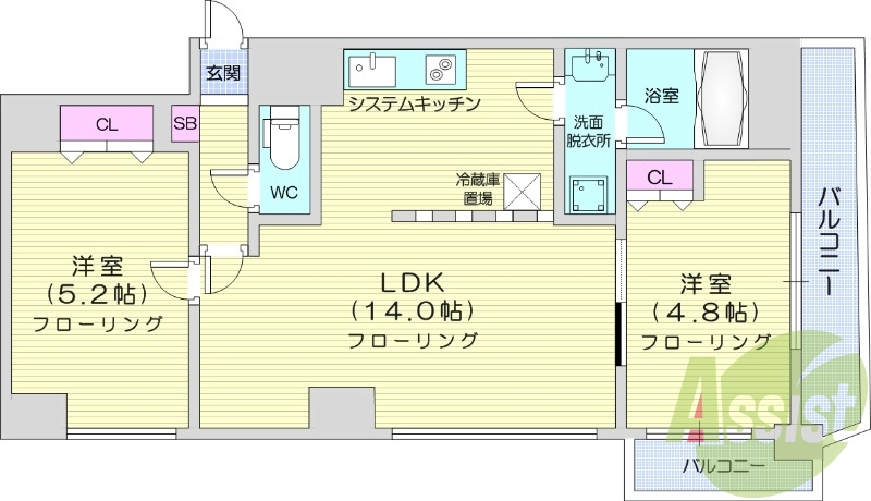 2LDK、オール電化、エアコン、バストイレ別