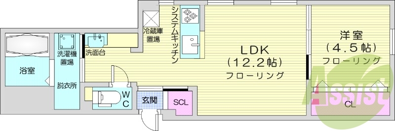 1LDK、エアコン、都市ガス、システムキッチン