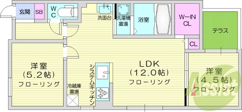 2LDK、エアコン、都市ガス、システムキッチン