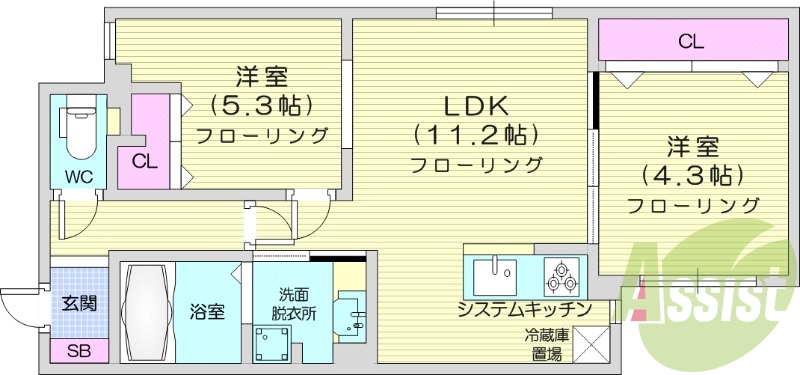 2LDK、エアコン、都市ガス、システムキッチン