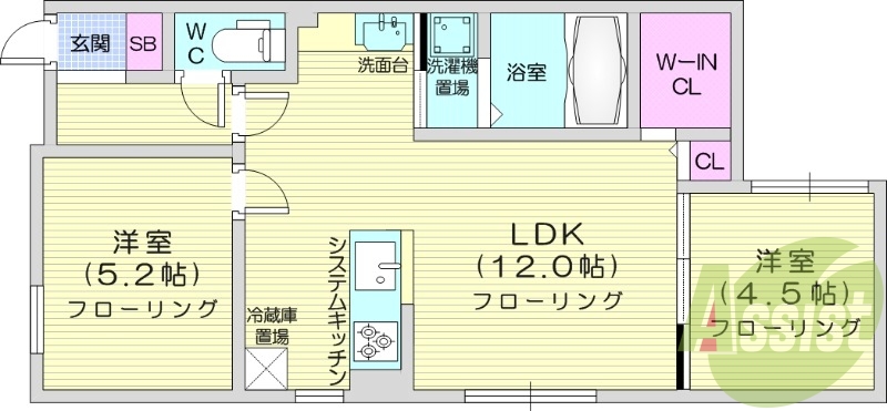 2LDK、エアコン、都市ガス、システムキッチン