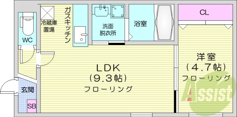 1LDK、都市ガス、エアコン、浴室乾燥機