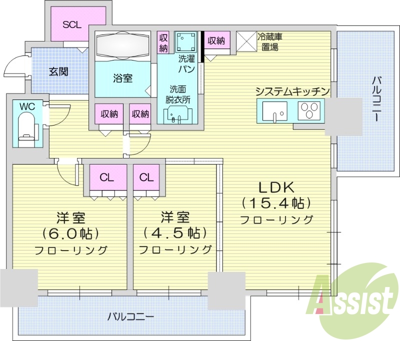 2LDK、システムキッチン、床暖房、シャワートイレ