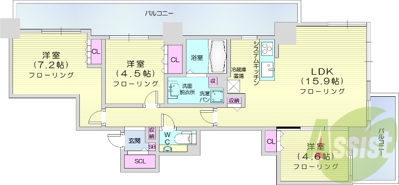 3LDK、システムキッチン、床暖房、シャワートイレ