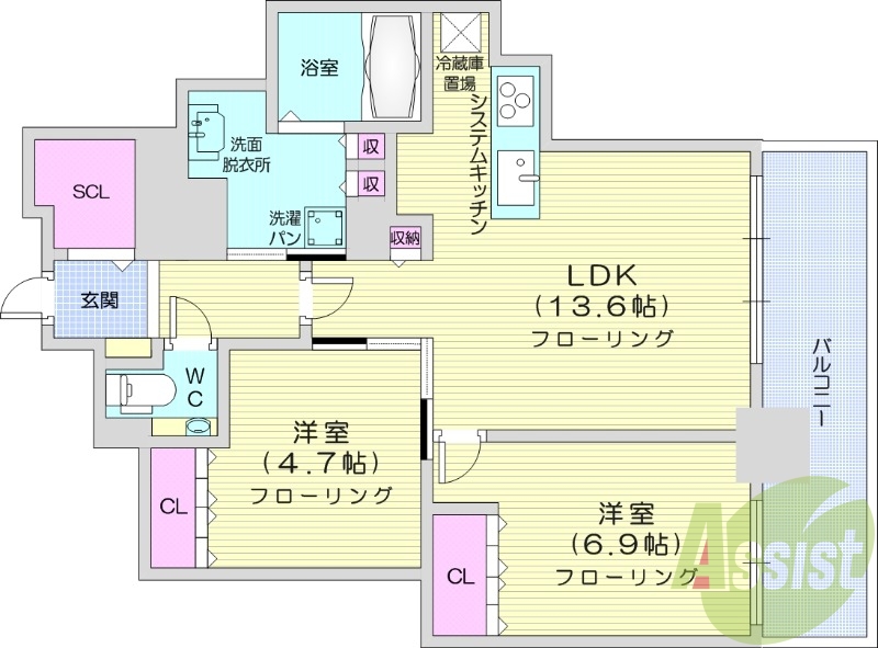 2LDK、システムキッチン、床暖房、シャワートイレ