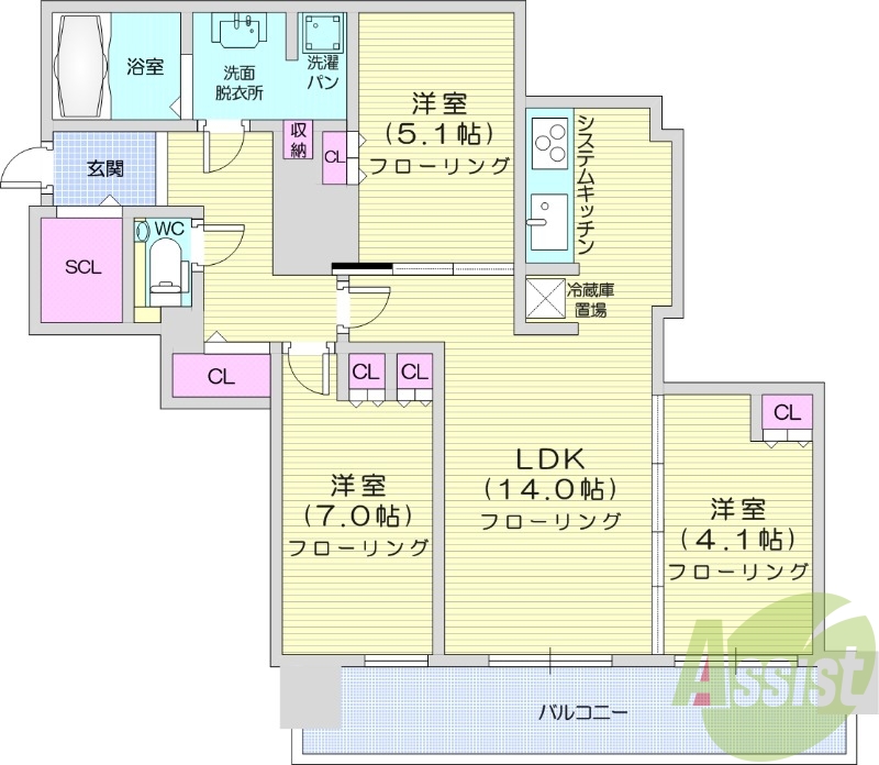 3LDK、システムキッチン、床暖房、シャワートイレ