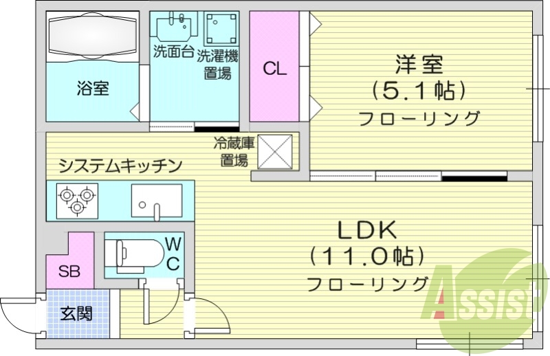 1LDK、エアコン、システムキッチン、ネット無料