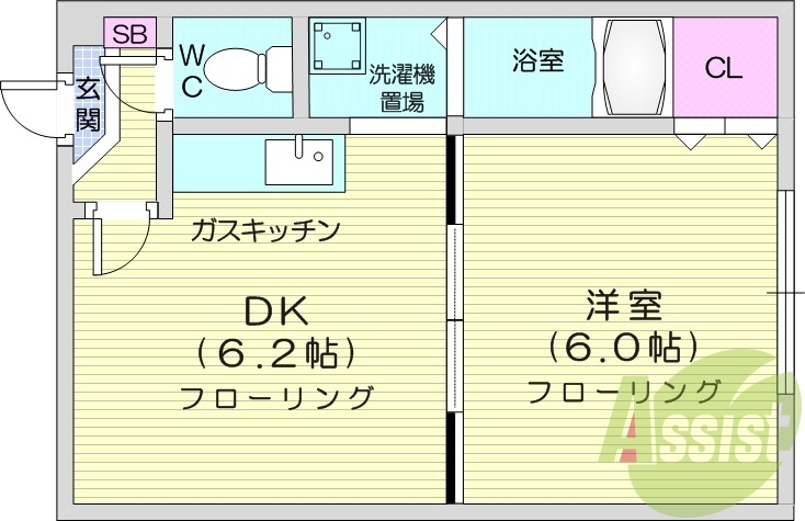 1DK、バス・トイレ別、灯油暖房、室内洗濯機置場