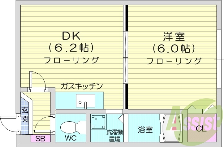 1DK、バス・トイレ別、灯油暖房、室内洗濯機置場