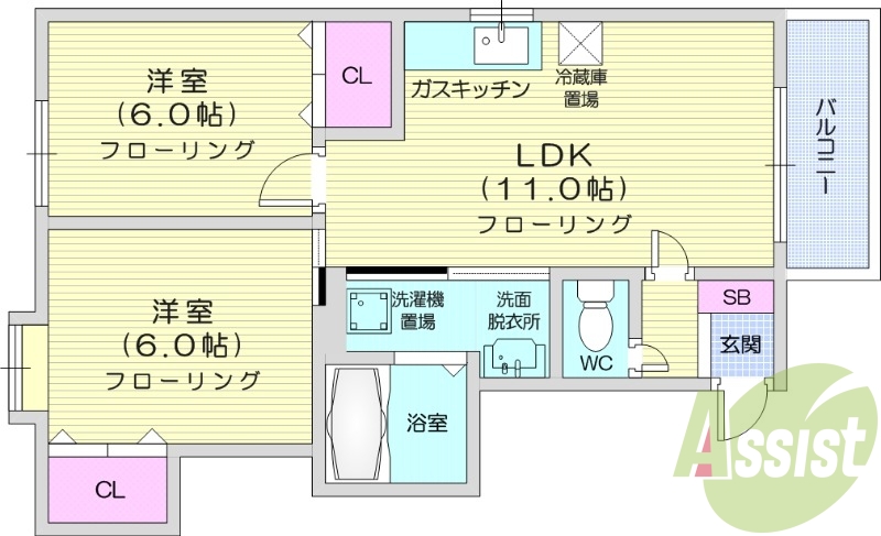 2LDK、都市ガス、エアコン、灯油暖房、ネット使用料不要