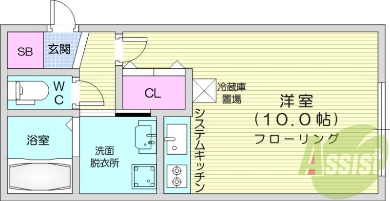 1R、角部屋、都市ガス、ネット無料、システムキッチン