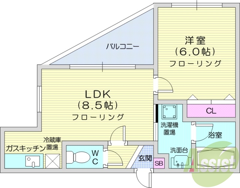 1LDK、角部屋、バストイレ別、シャンプードレッサー