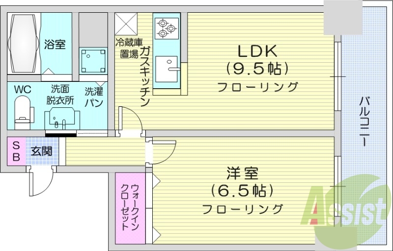 1LDK、角部屋、バストイレ別、シャワートイレ