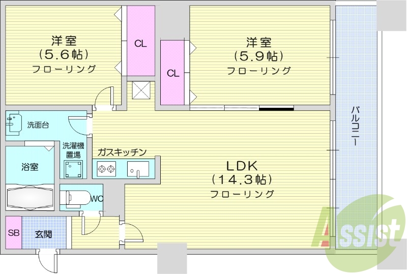 2LDK、浴室乾燥機、灯油暖房、エアコン、シャンドレ